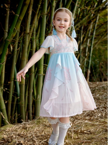 小象Q比童装品牌2023夏季新品汉服系列古装渐变色连衣裙