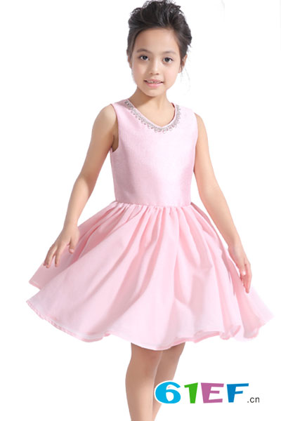 童畔童装品牌蝶粉系列丨T0055B粉色丝光雪纺裙