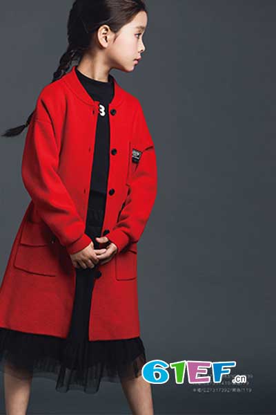 东莞金尚服饰有限公司童装品牌2017年秋冬鲜红色女中长款外套