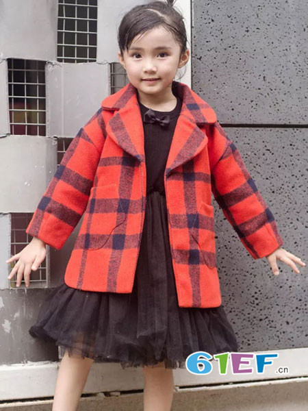 童装品牌2017年秋冬格子甜美红色呢子女外套