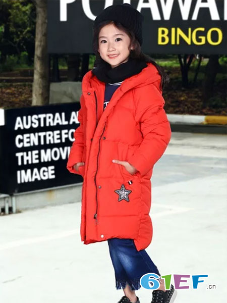 布鲁莎莎童装品牌2017冬季韩版大毛领羽绒棉服装连帽外套