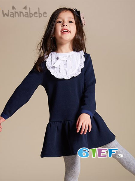 童装品牌韩式花边领长袖连衣裙