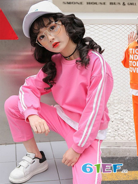 普朵米琪童装品牌2018春夏粉色可爱时尚运动型套装