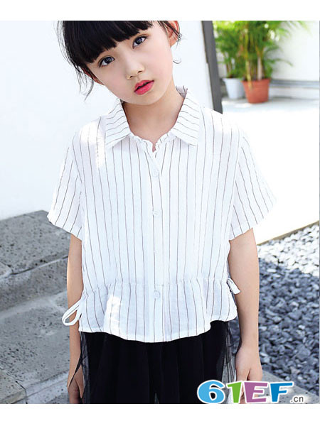佐米熊童装品牌2018春夏条纹时尚修身女童衬衣