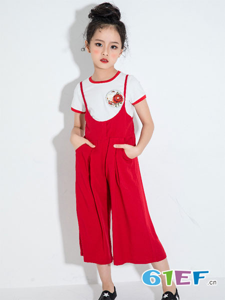 杰西凯童装品牌2018春夏红色时尚阔腿背带女童裤