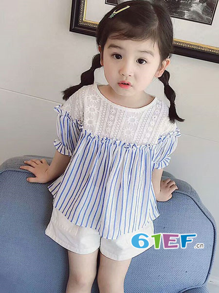 童装品牌2018春夏韩式可爱蕾丝拼接上衣