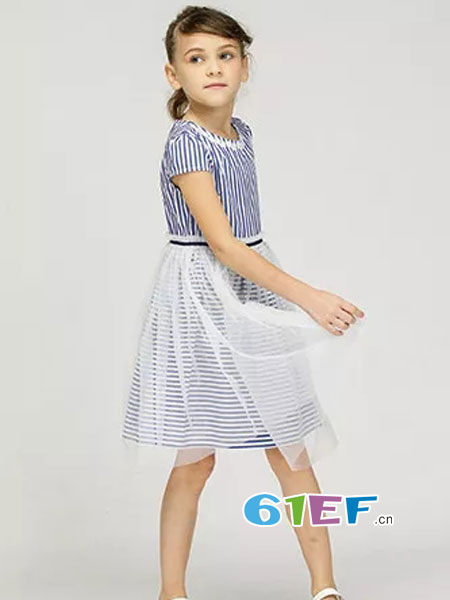 奥斯塔童装品牌2018春夏短袖连衣裙儿童新款条纹蕾丝裙