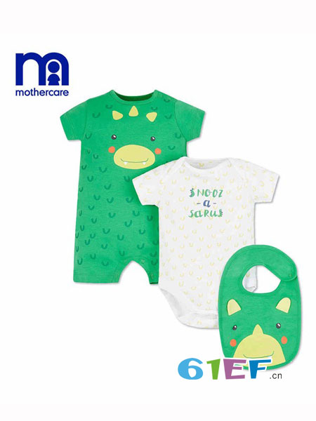 mothercar童装品牌2018春夏男婴针织连体衣2件+男婴针织围嘴新品