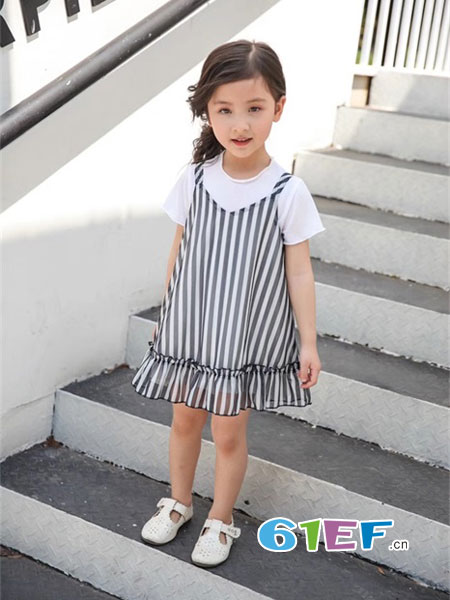凡克猫童装品牌2018春夏韩版新款女童竖条纹后背镂空娃娃裙