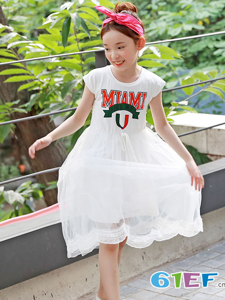 凯芭比童装品牌2018春夏夏装童装网纱长裙韩版中大童连衣裙白色优雅两层