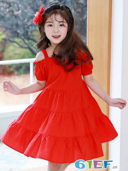 凯芭比童装品牌2018春夏韩版童装女童吊带裙儿童沙滩裙一字领大摆裙红色爆款