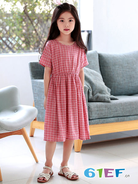童装品牌2018春夏韩版女童裙格子裙儿童短袖露背系带连衣裙长款显瘦