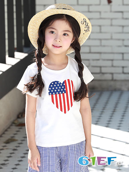 凯芭比童装品牌2018春夏女童圆领T恤纯色儿童上衣纯棉短袖衫白色印花