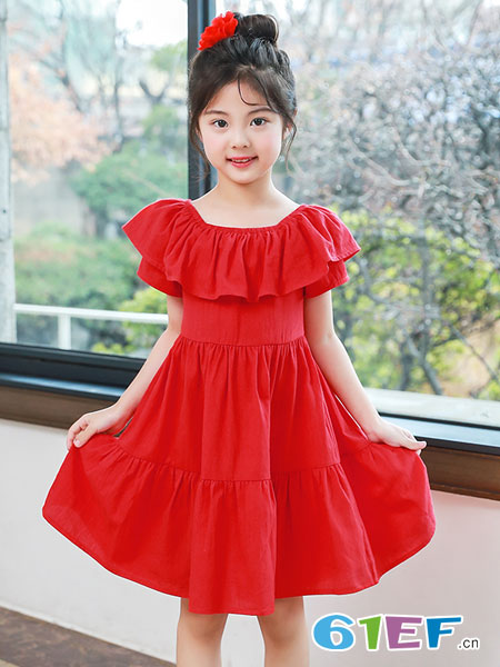 凯芭比童装品牌2018春夏连衣裙童装韩版儿童一字领中大童大摆裙红色