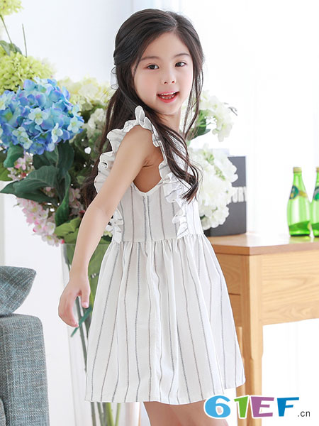 凯芭比童装品牌2018春夏韩版女童连衣裙无袖竖条纹花边儿童裙白色公主裙