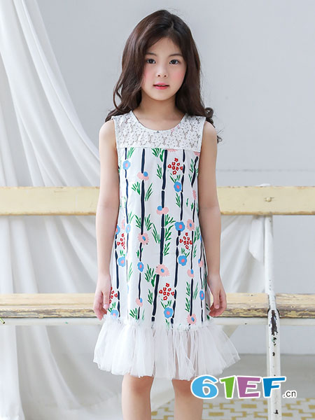 凯芭比童装品牌2018春夏韩版童装女童蕾丝裙儿童碎花A字童裙白色花朵长款a裙