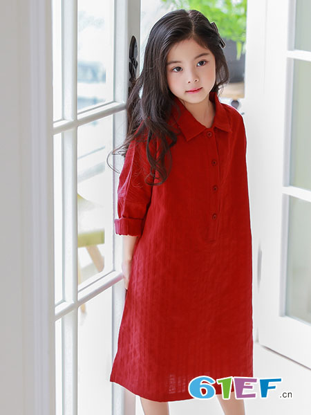 凯芭比童装品牌2018春夏韩版女童长款衬衫连衣裙长袖中大童裙红色公主裙
