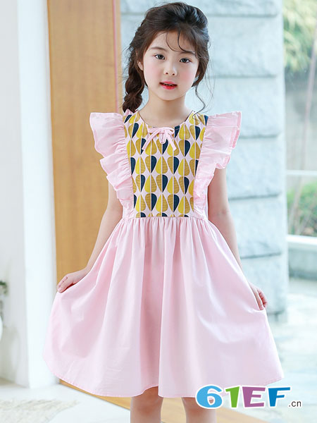 凯芭比童装品牌2018春夏韩版女童连衣裙飞飞袖花边甜美纯色棉童裙粉色可爱裙
