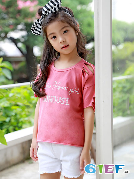 凯芭比童装品牌2018春夏韩版女童字母T恤中大童女孩棉破洞短袖潮粉色洞洞