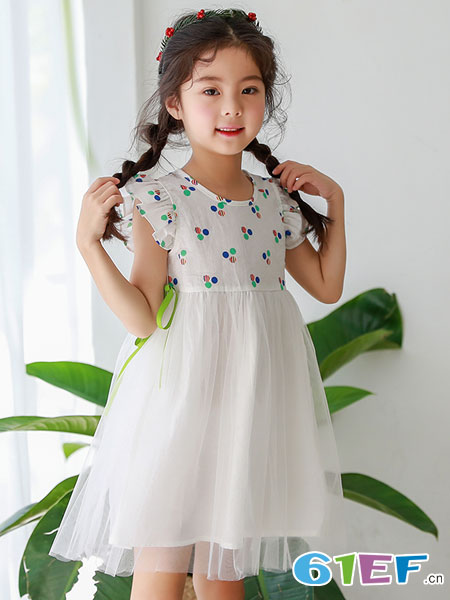 凯芭比童装品牌2018春夏公主裙夏装新品童装网纱裙韩版儿童连衣裙女童表演服白色花朵