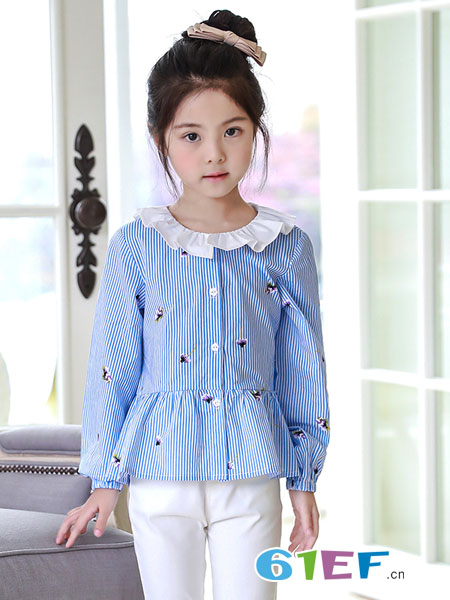 凯芭比童装品牌2018春夏女童长袖竖条纹衬衫韩版童装中大童娃娃领上衣百搭