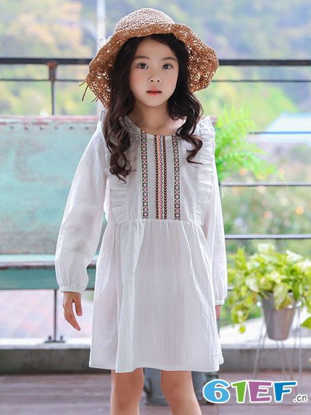 凯芭比童装品牌2018春夏韩国童装宽松女孩连衣裙儿童长袖韩版童裙白色海军女