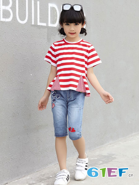 贝蕾尔童装品牌2018春夏女童红白条纹撞色短袖T恤