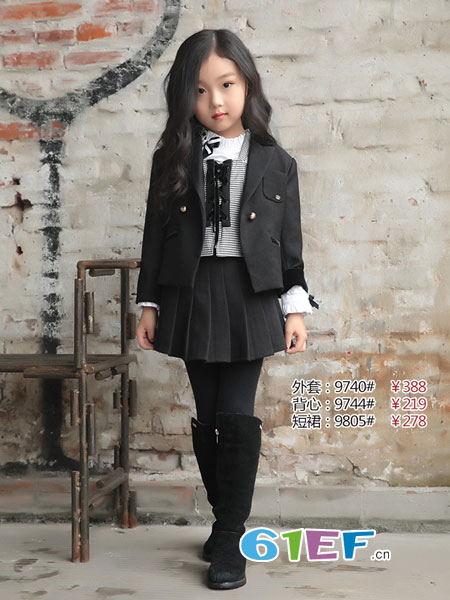童装品牌2018秋冬女童竖条纹喇叭袖双排扣西装外套+铅笔裤套装