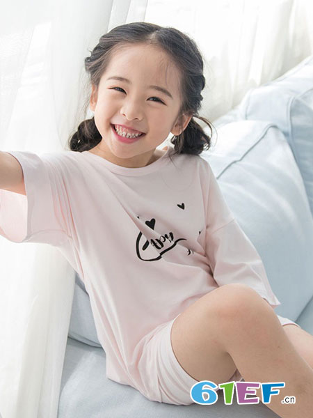 品牌2018春夏儿童睡衣五分袖插肩袖女童家居服纯棉粉色套装