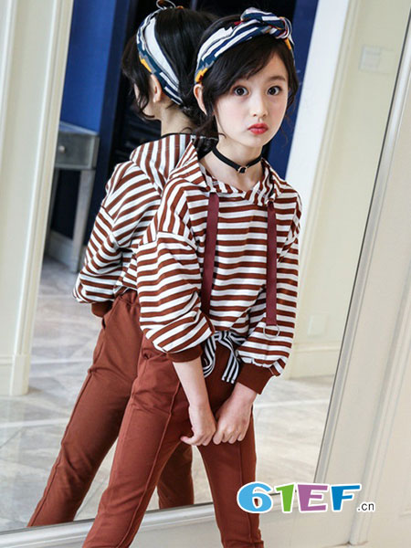 童装品牌2018春夏女童韩版时尚条纹连帽两件套百搭卫衣裤运动套装