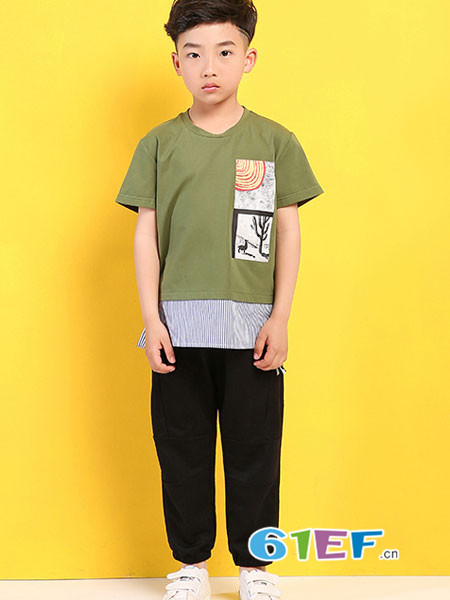阿杰邦尼童装品牌2018春夏短袖T恤儿童拼接上衣