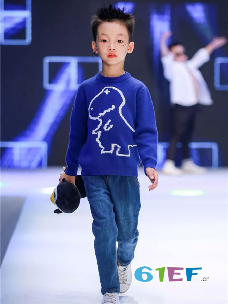 mini petrel童装品牌2019针织毛衣小恐龙图案长袖儿童毛织上衣