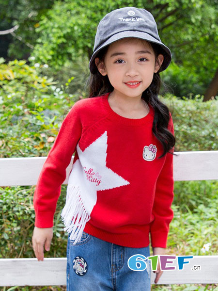 凯蒂猫童装品牌2018秋冬新款儿童韩版流苏上衣针织纯棉毛衣