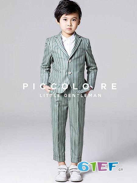 小皇帝PiccoloRE童装品牌2018春夏青色条纹小西装套装
