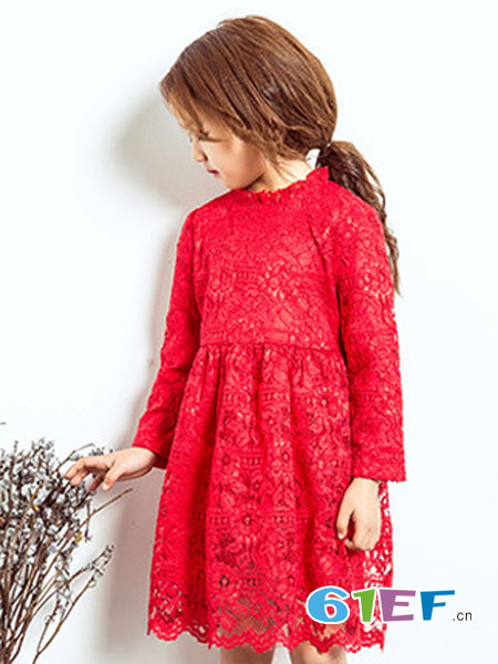 童装品牌2018秋冬蕾丝红色长袖连衣裙