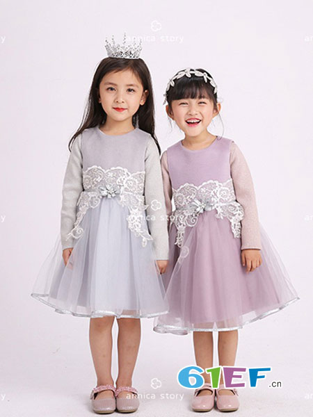 Annica艾尼卡童装品牌2018秋冬纯色可爱女生装女孩长袖两件套裙