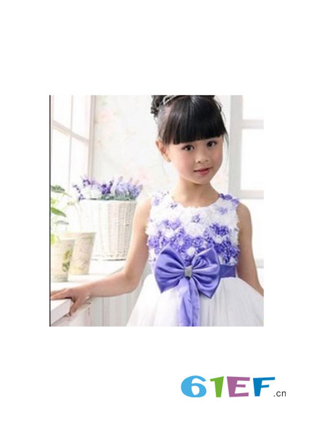 童装品牌无袖绣花紫色蝴蝶结连衣裙
