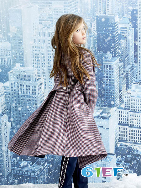 可米芽童装品牌2018秋冬格子大衣中长款加厚收腰显毛呢外套