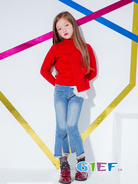 马克露西童装品牌2018秋冬新款红色立领修身针织毛衣外套