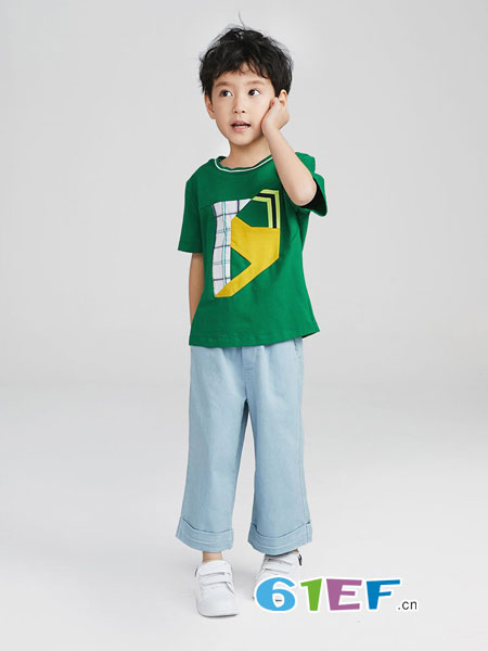 PIILLOW童装品牌2018春夏新款男童短袖T恤抽象图案拼接款男宝上衣