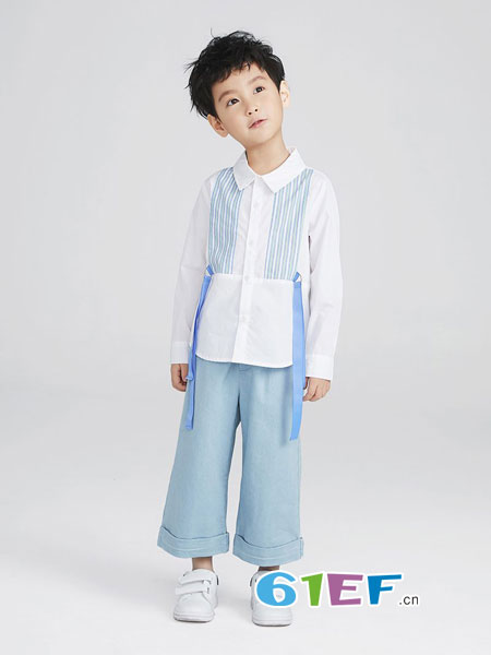 PIILLOW童装品牌2018春夏男生蓝白衬衫纯棉休闲翻领衬衫男孩上衣