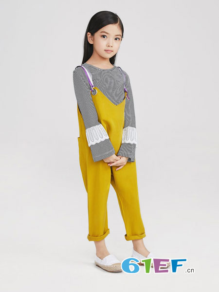 童装品牌2018春夏女童条纹上衣袖口蕾丝打底衫