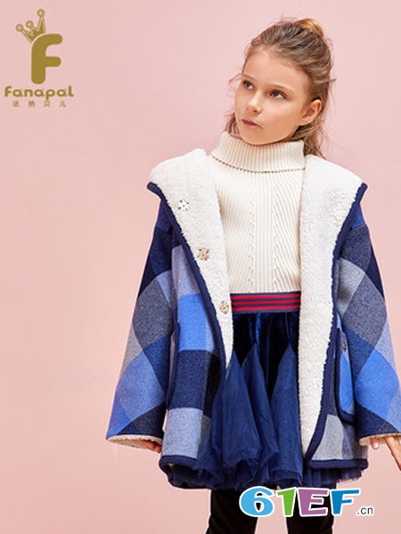 法纳贝儿童装品牌2018秋冬英伦风加绒保暖中长款蓝色连帽格子大衣
