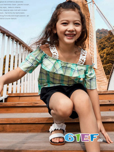 铅笔树童装品牌2018春夏新款小童韩版时髦套装女童格子吊带上衣