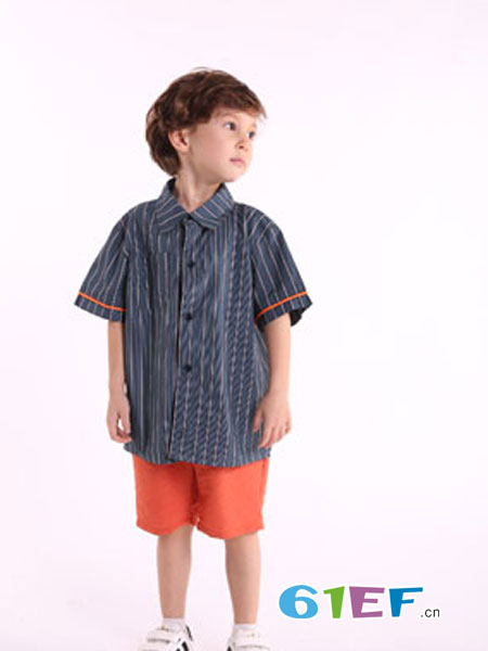 安歌迪，贝安儿童装品牌2018春夏男童条纹短袖衬衫韩版儿童衬衣