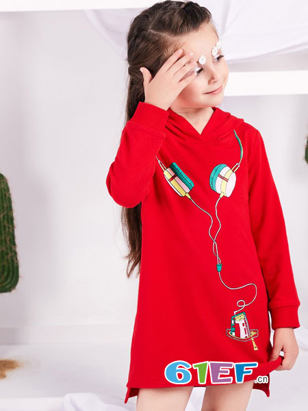 捷米梵童装品牌2019春季红色耳机印花长袖连衣裙