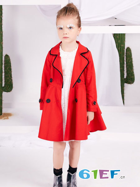 捷米梵童装品牌2019春季纯棉无帽枚红色风衣中长款外套