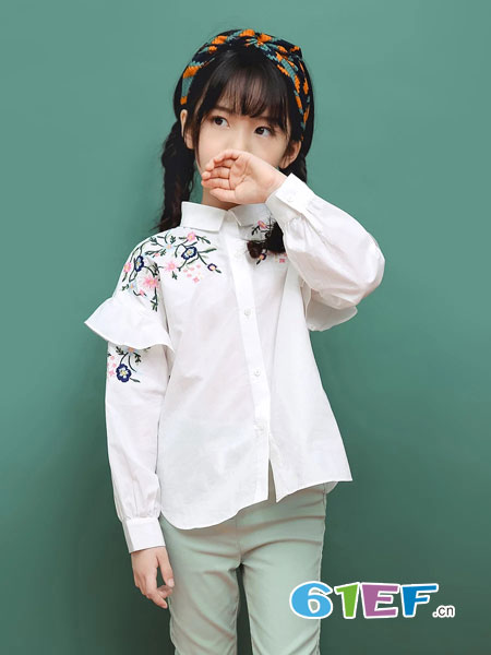 8eM童装童装品牌2019春季新款韩版刺绣衬衣时尚长袖棉衬衫上衣女童