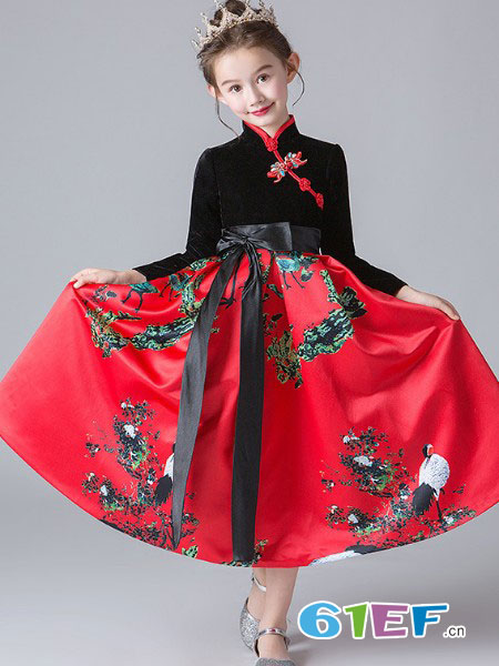 阔比豆童装品牌2019春夏新品红色女童蓬蓬纱公主裙长袖