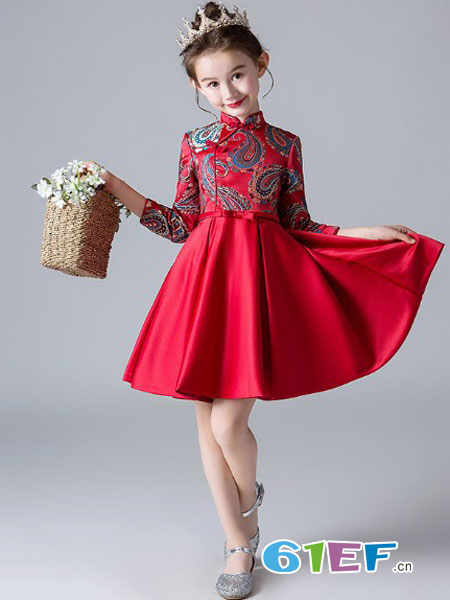 童装品牌2019春夏新品红色刺绣女童公主裙蓬蓬纱长袖花童礼服儿童